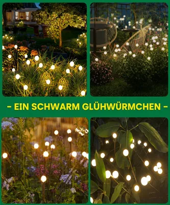 Produktbild von 2 Stück Solar Glühwürmchen Licht Wasserdicht Außen Rasenlampe für Garten Terrasse Weg Hof Landschaft Deko, Warmweiß, 6 LEDs