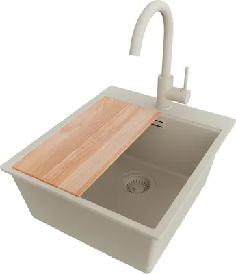 Produktbild von PRIMAGRAN Granitspüle Beige 43x50cm, Spülbecken 1 Becken + Küchenarmatur 32x20cm + Ablauf-Set + Schneidebrett, Küchenspüle ab 45er Unterschrank - Oslo