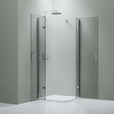 Produktbild von Eckdusche mit zwei Drehtüren an Festfeld NT407 - 8 mm - Nano Klarglas - Breite wählbar, Breite Tür mit Anschlag RECHTS:120 cm, Breite Tür mit Anschlag LINKS:100cm