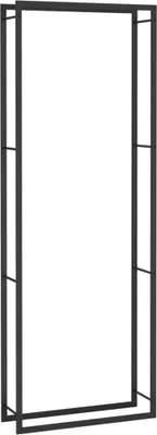 A black metal firewood rack against a white background.