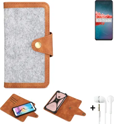Produktbild von K-S-Trade Handyhülle + Kopfhörer kompatibel mit Xiaomi Redmi Note 9 5G Schutzhülle Filz Hülle Kunstleder hellgrau braun (1x)