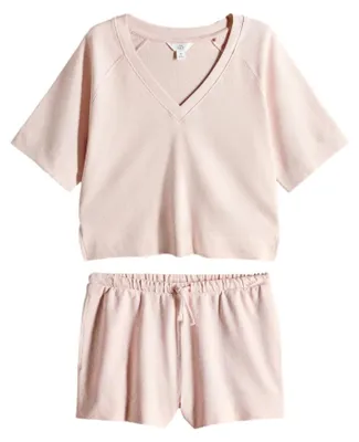 Produktbild von THE SET Damen Frottee-Set aus T-Shirt mit V-Ausschnitt und Shorts
