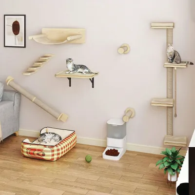 Produktbild von BALCONERA Kletterwand Katzen 7Pcs Set, Katzen-Wandmöbel aus Holz mit 3 Kratzbäumen/4 Stufen, Katzentreppe/Hängematte/Katzenbett, Wandmontage