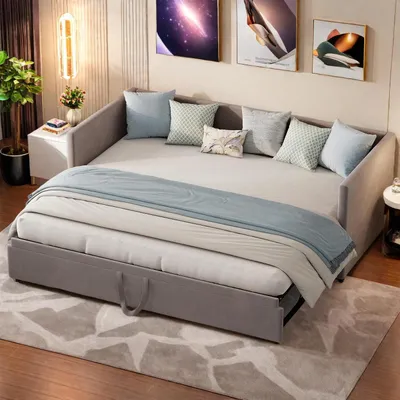 Immagine prodotto di Divano letto estraibile, 90/180x200 cm, divano letto da giorno, letto imbottito con funzione letto per ospiti, letto matrimoniale, tessuto velluto, letto multifunzionale con rete a doghe, colore grigio