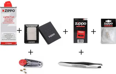 Produktbild von Zippo Set 3: Zippo Feuerzeug Chrom + Benzin, Feuersteine, Watte, Docht und Pinzette