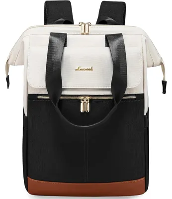 Image de Sac à dos pour femmes, grande capacité, compartiment pour ordinateur portable 17 pouces, imperméable, beige et noir, compatible avec les ordinateurs portables de 17,3 pouces