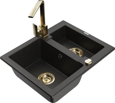 Produktbild von Mexen Carlos 1,5-Becken-Granitspüle mit Mischbatterie Rita, Schwarz/Gold metallisch - 6518-75-670300-50