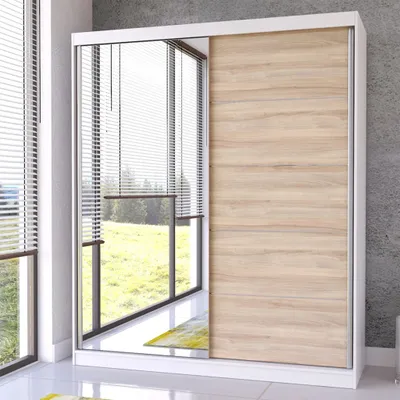 Schwebetürenschrank mit Spiegel in Weiß/Sonoma Eiche
Breite:	183 cm
Höhe: 218 cm	
Tiefe: 61 cm