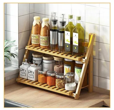 Image de Omgoods - Étagère de rangement pour cuisine - Organisateur en bambou multifonctionnel à 2 niveaux