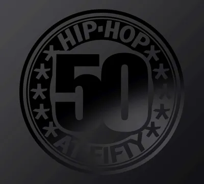 A circular graphic with the text 'HIP-HOP AT FIFTY' and the number '50' prominently displayed.