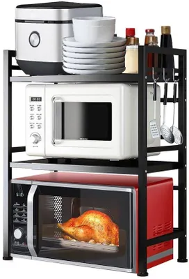 Zdjęcie produktu dla Ibenzoa® Regulowany, oszczędzający miejsce regał kuchenny do mikrofalówki i akcesoriów kuchennych, 3 półki, czarny, 44–60 cm, stal węglowa, do 25 kg, 6 haczyków