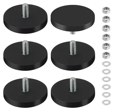 Productafbeelding van Neodymium magneten, met rubber coating, diameter 43 mm, met M6 schroefdraad aan de buitenkant, rubberen magnetische schijf, ronde rubberen magneten, rubberen magnetische systemen, geschikt voor schroeven, oogjes of haken (6 stuks)