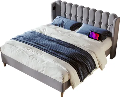 Produktbild von Polsterbett 140x200 cm Grau aus Leinenmaterial, Doppelbett mit Lattenrost und USB- und Typ-C-Ladefunktion für Schlafzimmer