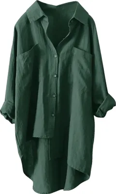 Image de ASKSA Femme Chemise en mousseline de soie, Été Chemise en lin légère et respirante T-shirt décontracté Chemise en lin, Vert, Taille : M