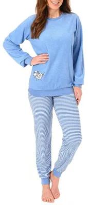 Produktbild von Damen Frottee Pyjama Schlafanzug mit Bündchen und süsser Tier Applikation 291 201 93 110 ; hellblau , 48