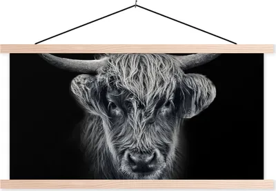 Produktbild von MuchoWow® Textilposter Schottisches Hochlandrind - Schwarz - Kuh - Tiere 120x60 cm mit holzfarbenen Rahmen - Klemmleiste