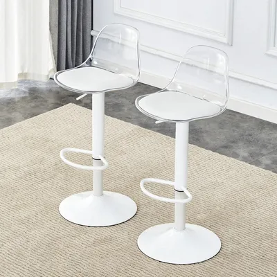 Produktbild von 2er-Set Barhocker Weiß & Transparent, Höhenverstellbar 82-104cm, 360° Drehbar. Moderne Tresenhocker mit Ergonomischer Rückenlehne & Fußstütze