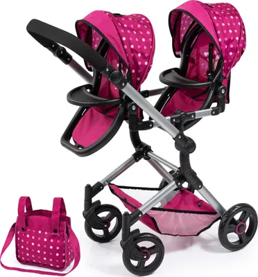 Produktbild von Bayer Design 26267AA Puppenwagen Twin Neo mit Tasche, schwenkbare Vorderräder, integrierter Korb, verstellbarer Griff, bordeaux, rosa