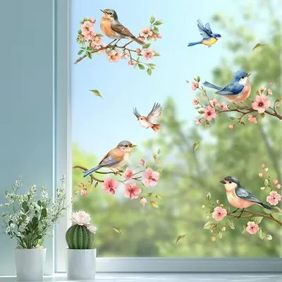 Produktbild von GKA Fensterbild 4 Vögel auf 4 Ästen A9 Fensterfolie Bild für Fenster Vogel Sichtschutz