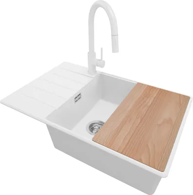 Produktbild von PRIMAGRAN Granitspüle Weiß 78x50cm, Spülbecken 1 Becken + Küchenarmatur 40x20cm + Ablauf-Set + Schneidebrett, Küchenspüle ab 60er Unterschrank - Kopenhagen