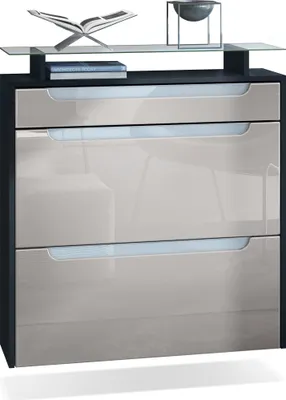 Produktbild von Vladon Schuhschrank Annie, Schuhkipper für 16 Paar Schuhe mit 2 Klappen, 1 Schublade und Glasablage, Schwarz matt/Sandgrau Hochglanz, Griffmulden in Weiß Hochglanz (89 x 95,5 x 23 cm)