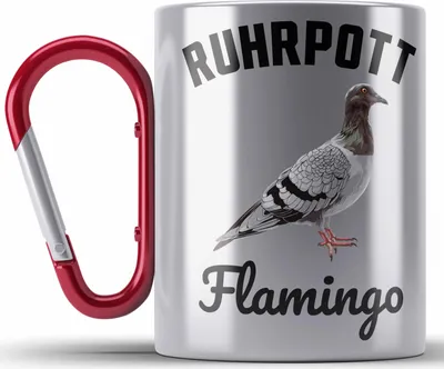 Produktbild von Trendation - Taubenzüchter Geschenk Zaubenzucht Zubehör Tauben Edelstahl Tasse Karabiner Lustiger Spruch Taubenflüsterer Becher Ruhrpott Flamingo (Rot)