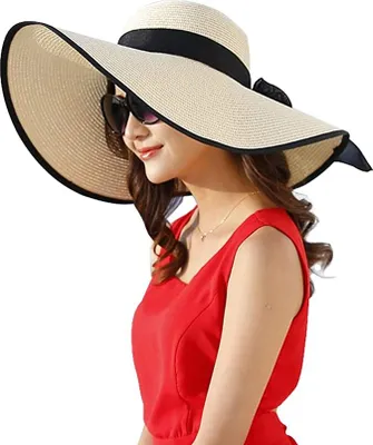 Produktbild von Damen Stroh Sommerhut mit Sonnen Shade Faltbar Strohhut UV Schutz Strandhut Elegant Sommerhut Schlaffer Strand Sonnenhut Breite Krempe UPF 50+