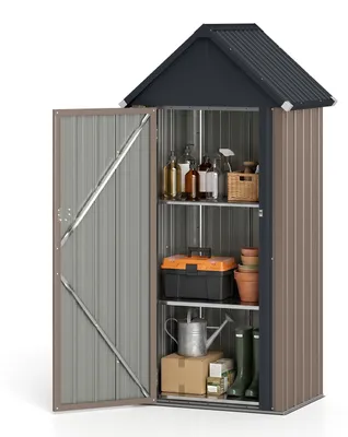 Productafbeelding van COSTWAY metalen tuinhuis, tuinhuisje voor gereedschap met afsluitbare deur, verstelbare legplanken en een schuin dak, 3 niveaus, weerbestendig tuinhuis voor buiten