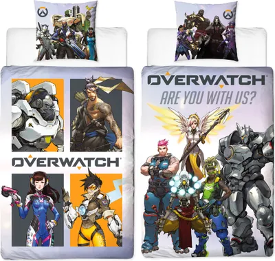 Collage of Overwatch characters on bedding.