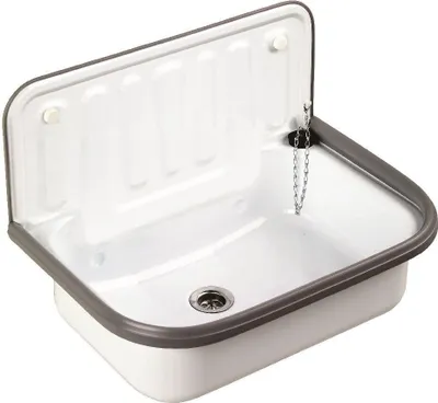 A white enameled sink with a gray rim and a chain for the drain stopper.