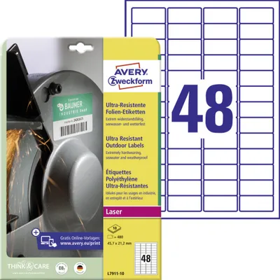 Produktbild von Avery Zweckform L7911-10 Ultra-Resistente Folien-Etiketten, 45,7 x 21,2 mm, 10 Bogen/480 Etiketten, weiß