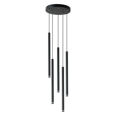 A black multi-pendant light fixture with five cylindrical lights hanging from a circular base.
