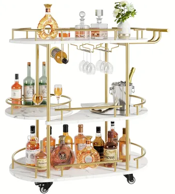 Immagine prodotto di Carrello servitore - Carrello da cucina - Carrello bar - Tavolino con rotelle - Carrello portaoggetti - Struttura in metallo dorato - 2 ripiani in legno