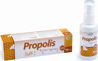 A box and a spray bottle of propolis spray are shown against a white background.