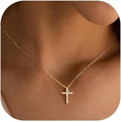 Produktbild von Kreuzkette für Damen, 14K Gold und Weißgold, religiöser Schmuck, für Geschenk