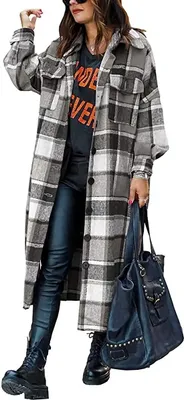 Produktbild von ASKSA Damen Kariertes Lange Hemdjacke Taschen Knöpfen Langarm Holzfällerjacke Mantel, A Grau, S