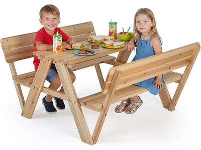 Image de Table pour enfants avec 2 bancs intégrés, modèle 126MAX85NA, en bois de cèdre, dimensions : 116 x 90 x 55 cm, finition naturelle