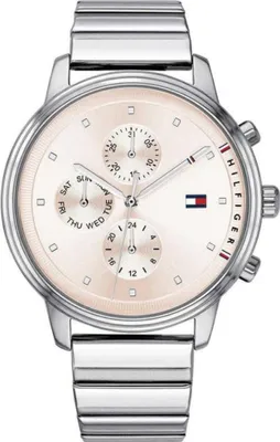 A close-up studio shot of a Tommy Hilfiger women's watch.