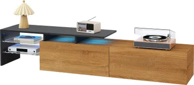 Produktbild von Moderne TV-Konsole mit LED-Beleuchtung, Schubladenregale aus Glas, 170 x 33 x 33.5 cm, Schwarz und Holz