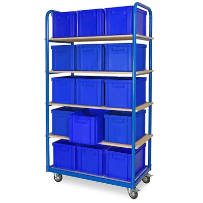 Produktbild von Kommissionierwagen mit 5 Ebenen und 15 Behältern in blau, LxBxH 400x300x280 mm