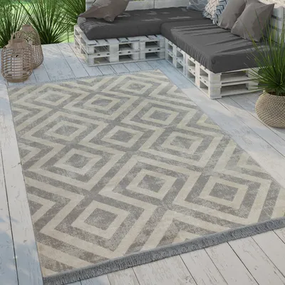 Produktbild von Moderner Outdoor Teppich Rauten-Muster Vintage-Look Flachgewebe Wetterfest Grösse 80x150 cm