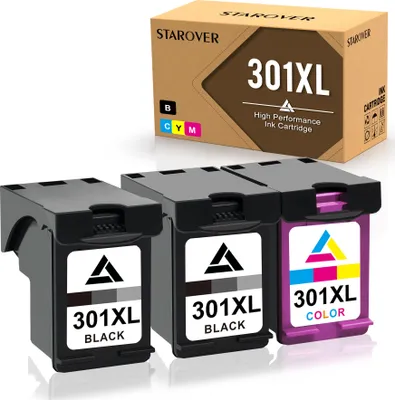 Three ink cartridges and their packaging are displayed against a white background.