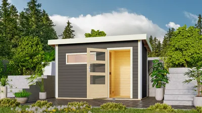 Productafbeelding van Karibu Holz tuinsauna / saunahuis "Skrollan 1", terragrondkleur, 336 x 196 x 228 cm (B x D x H), met oven van 9 kW + Easy Finnisch bedieningspaneel en deur met helder glas