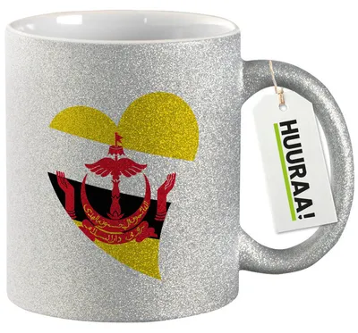 Produktbild von Huuraa Glitzertasse Brunei Flagge Herz 330ml Silber Keramik Kaffeebecher Geschenkidee