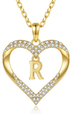 Productafbeelding van Halsketting voor dames, 18K verguld, met initialen, hartvormige hanger, letterketting A-Z, gepersonaliseerd, 40+5 cm, sterling zilver, zirkonia, cadeau
