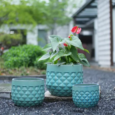 Produktbild von Keramik-Pflanztopf-Set 3-teilig Ø36/29,5/21,5cm, Diamant-Muster, frostsicher, Ablauflöcher. Teal Blue