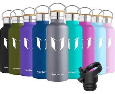 Produktbild von Edelstahl Trinkflasche 620 ml Grau BPA-Frei Auslaufsicher Thermoskanne mit 2 Deckeln