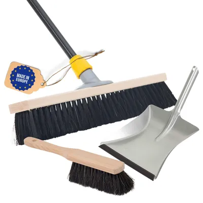 Produktbild von Novaliv Saalbesen 40 cm mit Stiel Borsten Haarmischung inkl. Kehrgarnitur verzinkt mit Gummilippe bestehend aus Kehrblech und Handfeger besen fein Ideal als Werkstattbesen Industriebesen mit Stiel
