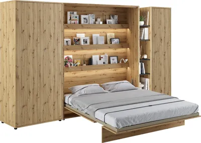 Produktbild von Wohnwand mit Schrankbett Bed Concept 160x200 Lenart Kleiderschrank Regalschrank Regal Led Beleuchtung Artisan Eiche/Schwarz
