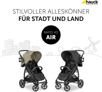 Two strollers are shown in front of a stylized cityscape and a windmill.
